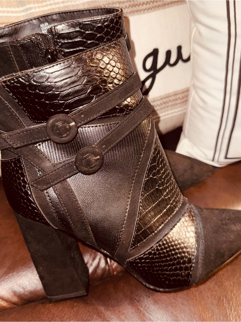 JustFab Black Croc-Textured Ankle Boots with Strap Accents